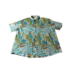 Vatpave Men XXL Short Sleeve Button Down Shirt Blue Green Geometric Tribal Print